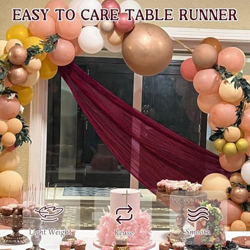 2 Pack 120 Inch Burgundy Cheesecloth Table Runner Boho Rustic Gauze Sheer Romantic 10 FT Long Cheese Cloth Table Runner for Bridal Baby Shower Wedding Party Birthday Holiday Home Easter Decor
