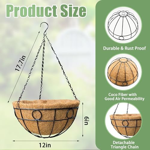 2 Pack 12 Inch Hanging Baskets for Plants Outdoor Metal Hanging Planters Round Hanging Flower Pots with Coco Coir Liner Plant Holder for Outdoor Patio Garden Balcony Decor - Circular