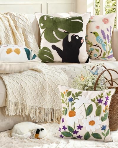 Spring Pillow Cover 18x18 Inch – Embroidered Summer Throw Pillow Cover Cat Monstera Leaves Farmhouse Decorative Cushion Case with Hidden Zipper Decoration for Couch, Sofa, Living Room(1 Pack)