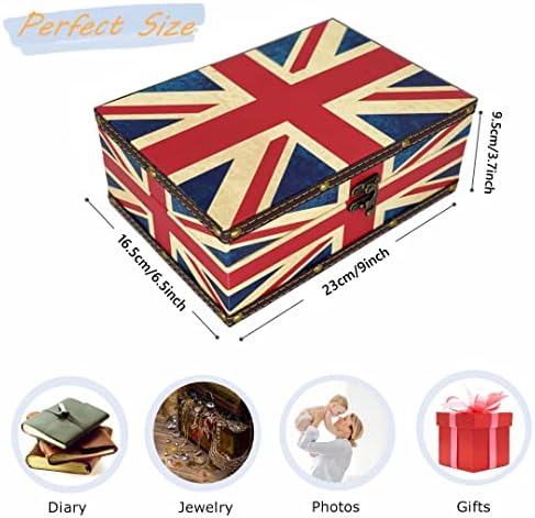 Vintage Union Jack Flag Treasure Box - Wooden Storage Decorative Box with Lid, Durable Trinket Jewelry Memento Keepsake Case, Gifts for Kids, Girls, Boys, Women, Home Decor (Small)