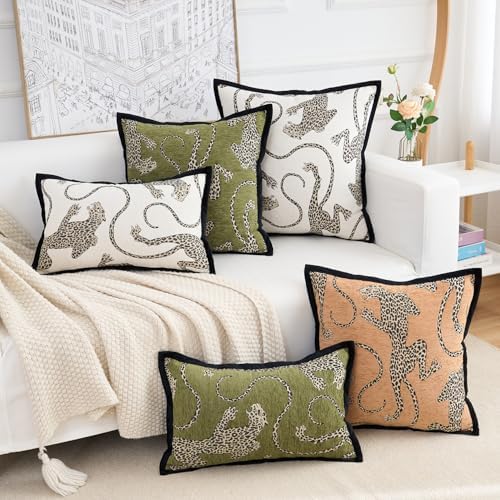 Premium Series, Snow Leopard Throw Pillow Covers, Animal Jacquard Cushion Cases for Home Decor, Chenille Velvet Double-Sided Designs, Cream White, 18 x 18 inch, Covers Only