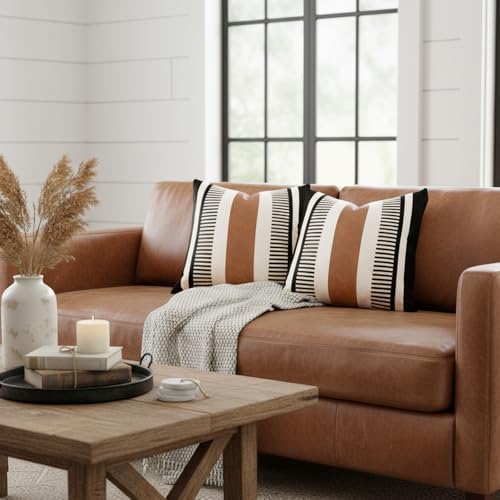 Pack of 2 Faux Leather and Cotton Patchwork Throw Pillow Covers for Sofa Couch Farmhouse Decorative Square Cushion Cover Boho Stripe Accent Pillow Case 20 x 20 Inch, Black
