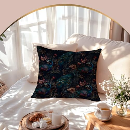 Gothic Boho Dark Floral Peacock Pillow Cover 18x18 Double-Sided, Vintage Dark Cottagecore Botanical Elegant Bird Decorative Throw Pillow Cover for Home Bedroom Living Room