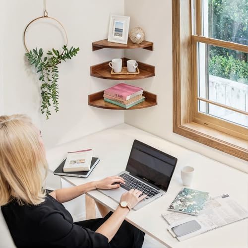 Demigo Corner Shelf Wall Mount Set of 3, Solid Acacia Wood Round Floating Corner Shelves for Storage and Display, Hanging Wood Shelves for Bedroom, Kitchen, Living Room, Bathroom (Brown)