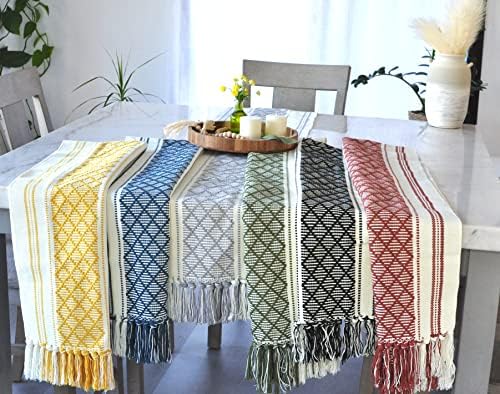 Short Dining Table Runner Coffee Table Runner with Boho Tassels 14 x 48 Inches, Olive Green & Off White Cotton Woven Washable Dresser Runner and Topper for Bedroom, Farmhouse Table Decorations