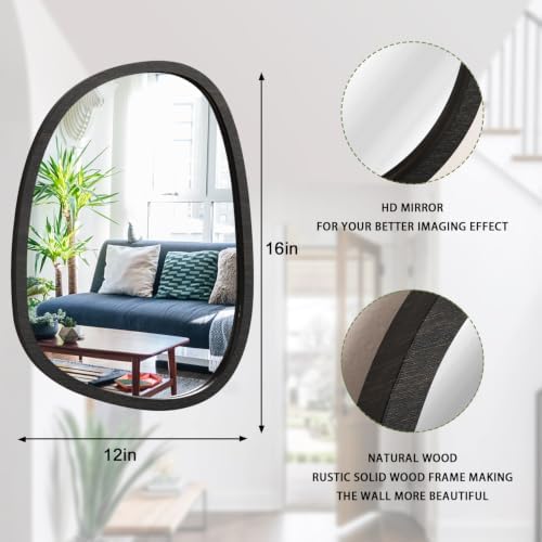 Irregular Wood Frame Mirror for Wall Asymmetrical Oval Wall Mirrors Unique Shape Modern Wall Mounted Vanity Artistic for Bathroom Bedroom Living Room Entryway Decorative