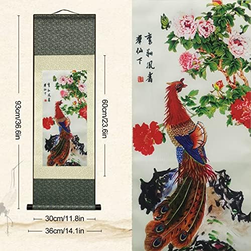 AtfArt 4 Pack Asian Wall Decor - Beautiful Silk Scroll Painting Birds - Phoenix Oriental Decor Chinese Art Wall Scroll Wall Hanging Painting (36.2 x 12 in)