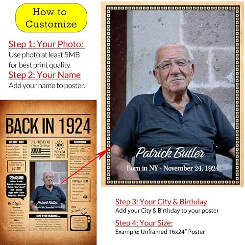 Back in 1924 Poster Sign, Personalized Birthday Gifts Idea, Custom 1924 Historical Birthday Newspaper, Born in 1924 Birthday Party Decorations, Fun Fact for the Day You Were Born, Decor Art Print