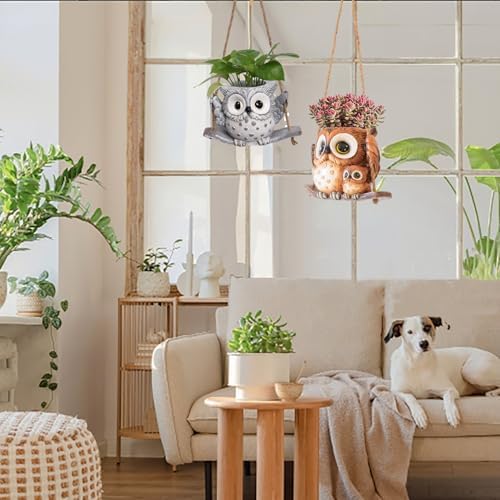 Swing Owl Hanging Planters for Indoor Plants, Cute Small Succulent Pots with Drainage Hole, Unique Resin Plant Hangers Outdoor, Hanging Plant Holder for String Of Pearls, Gift Ideas for Mother