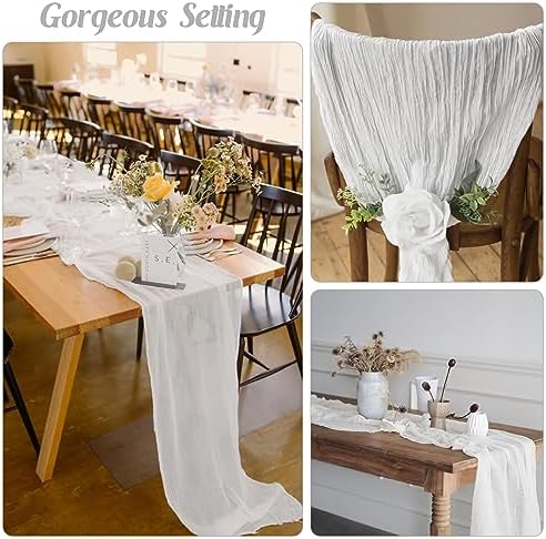 White 10FT Cheesecloth Table Runner Boho Gauze Fabric Table Runner Rustic Sheer Runner for Wedding Bridal Baby Shower Birthday Party Boho Table Decor(1 Pack White)