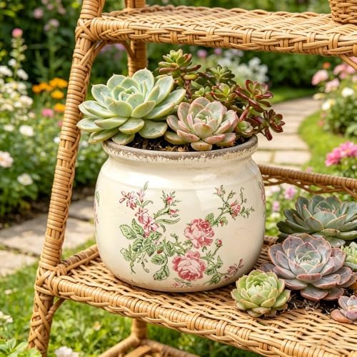 Flower Pots Planters for Indoor Plants Ceramic Plant Pots with Drainage 6.1 Inch Vintage Ceramic Pots for Plants Outdoor Home Garden Decor, Vintage Pink Rose