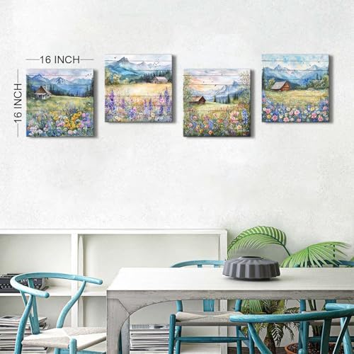 Colorful Flower Canvas Wall Art Nature Pictures Canvas Prints Country Mountain Landscape Poppy Daisy Wildflower Posters Abstract Barn Scenic Painting for Bedroom Living Room Home Decorations 16x16” 4P