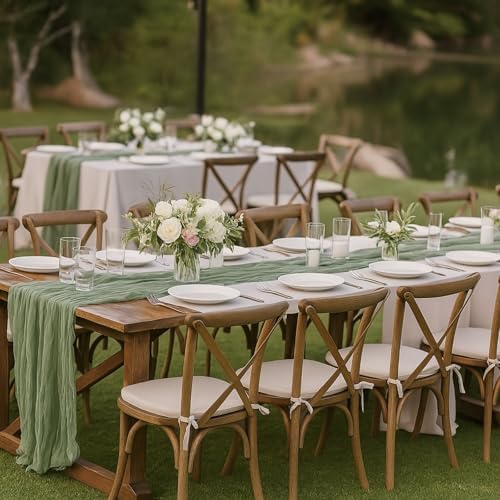 12 Pack Sage Green Cheesecloth Table Runners – 10FT Rustic Gauze Bulk Set for Wedding Reception, Woodland Baby Shower, Garden Party, or Boho Spring Event Decor