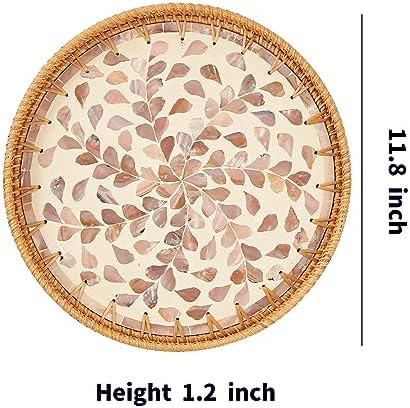 Kmelep Round Rattan Tray with Mother of Pearl Inlay, Rattan Serving Tray with Wooden Base, Decorative Wicker Basket for Table Decor, Storage and Display of Coffee Bread Food Fruit (Wicker)