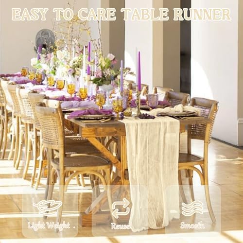 4 Pack 120 Inch Beige Cheesecloth Table Runner Boho Rustic Gauze Sheer Romantic 10 FT Long Cheese Cloth Table Runner for Bridal Baby Shower Wedding Party Birthday Holiday Home Easter Decor