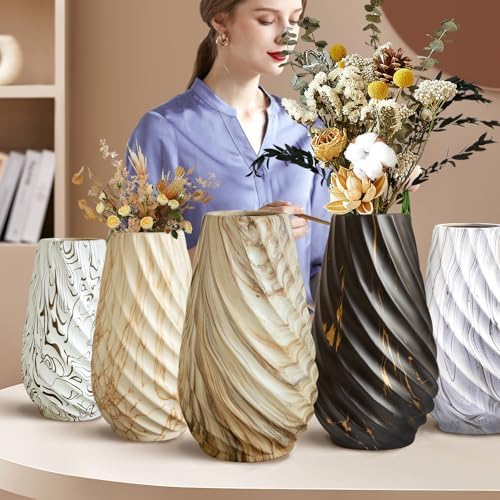 10 inch Tall Ribbed Ceramic Vase for Flowers,Boho Vases for Pampas Grass,Fluted vase,Simple Modern Decorative Vase for Home Decor Table Centerpieces (Milk Pattern)