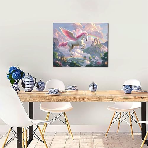 Crekviy Pink Unicorn Wall Art Fantasy Unicorn Bedroom Decor for Girls Magical Canvas Prints Painting Pictures Artwork Decorations for Nursery Room Bathroom Framed Kids Gifts 16"x20"
