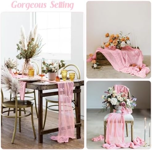 Pink 10FT Cheesecloth Table Runner Boho Gauze Fabric Table Runner Rustic Sheer Runner for Wedding Bridal Baby Shower Birthday Party Boho Table Decor(1 Pack Pink)