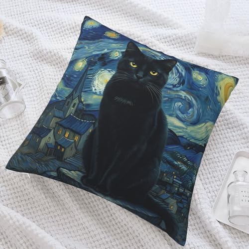 Black Cat Starry Night Throw Pillow Cover, 18x18 Inch