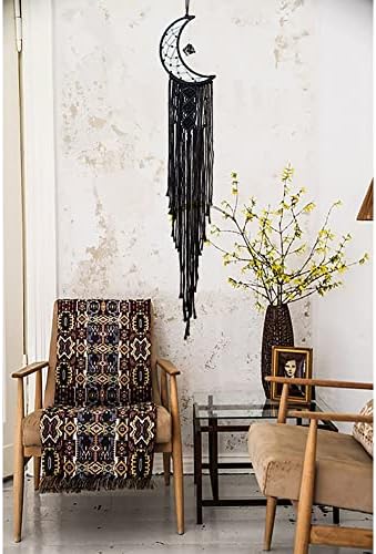MOONFLY Black Moon Dream Catcher with Handmade Crystal Stone Design Woven Cotton Boho Macrame Wall Hanging Home Decoration Ornament Craft Gift(Black Crystal Stone Moon)