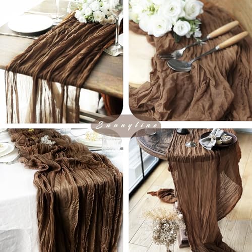 12 Pcs Cheesecloth Table Runner 10FT Brown Runner for Tables Gauze Fabric 35 x 120 Inches Long Boho Table Runner Decor Rustic Sheer Runner for Wedding Birthday Bridal Shower Party (Brown)