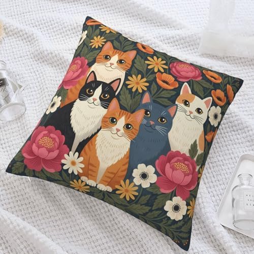 Cat and Floral Garden Decorative Throw Pillow Cover