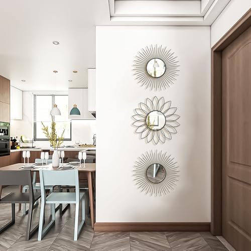 3 Pack Metal Mirrors for Wall Sunburst Wall Mirrors Home Décor Decorative Hanging Wall Art for Living Room Bedroom Entryway (Black2, Flower+Sunburst)