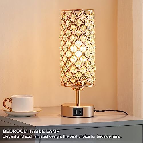 Hong-in Gold Crystal Touch Lamp for Bedroom with USB-C/A, Bulb Included