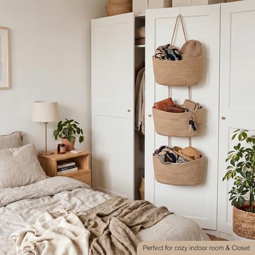 Hanging Basket, Over Door Organizer, 3 -Tier Wall Basket with Hooks