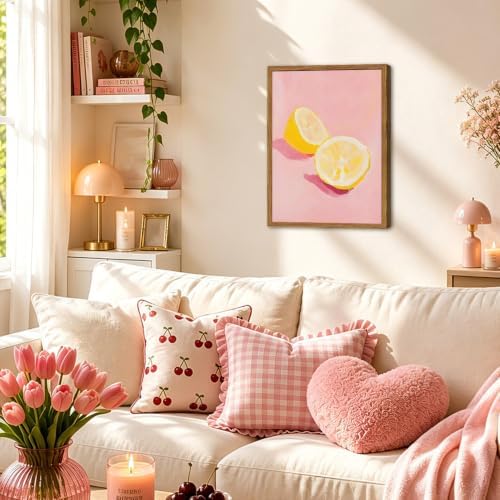 Framed Pink Kitchen Wall Art, Lemon Pictures Wall Decor, Minimalist Dopamine Fruit Paintings Canvas Prints Trendy Preppy Home Decor for Kitchen Dining Room Living Room Dorm 12x16 inch