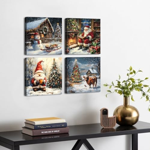 Christmas Wall Art Christmas Tree Wall Decor with Santa Gnomes Snowman Pictures Farmhouse Highland Cow Canvas Paintings Rustic Country Xmas Artwork for Living Room Bedroom Home Decorations 12x12" 4Pcs