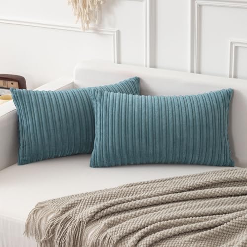Kevin Textile Striped Corduroy 12”x20” Pillow Covers 2 Pack, Blue Grey