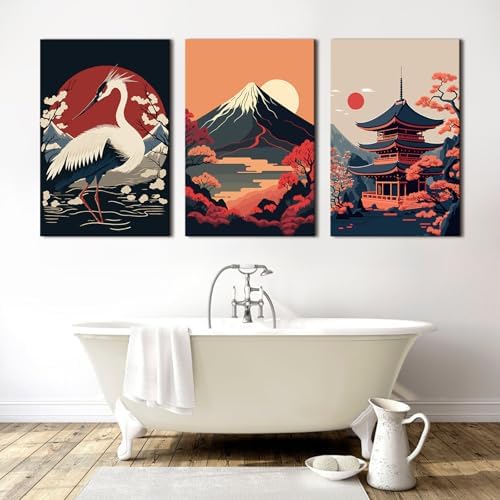Large Japanese Wall Art Prints for Living Room Red and Black Sunset Fuji Mountain Canvas Pictures White Crane Posters Retro Asian Landscape Paintings for Office Bedroom Home Decorations 24x36" 3Pcs