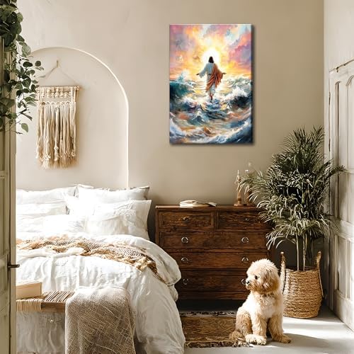 KYHDCJUB Jesus Walking On Water Wall Art Christian Spiritual Painting Wall Decor Jesus Christian Picture Prints Religious Prints Artwork for Living Room Bedroom Church Decor 12x16 Inch Ready to Hang