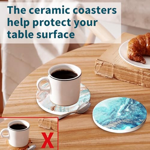 Coasters for Drinks with Holder Teal Marble Abstract Ceramic Stone Coasters Set of 6 Cork Base Round Absorbent Funny Drink Coaster Blue Beach Ocean Style for Cups Mugs Tabletop Protection