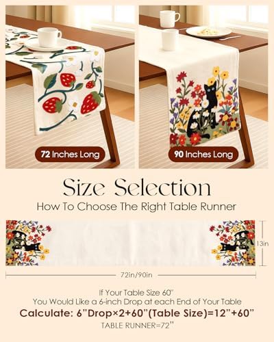 Canvas Embroidered Narrow 13"x 72" Table Runner, Cat in Flower
