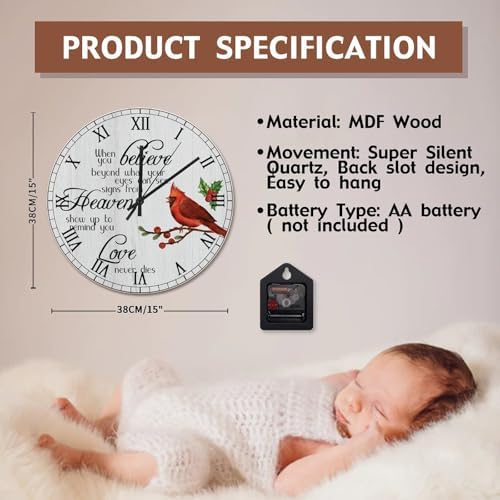 Cardinal Red Birds Wall Clock Love Never Dies 15 Inch Round Wall Clocks Battery Operated Silent Christmas Wall Decor Home Decor for Living Room Kitchen Bedroom Office