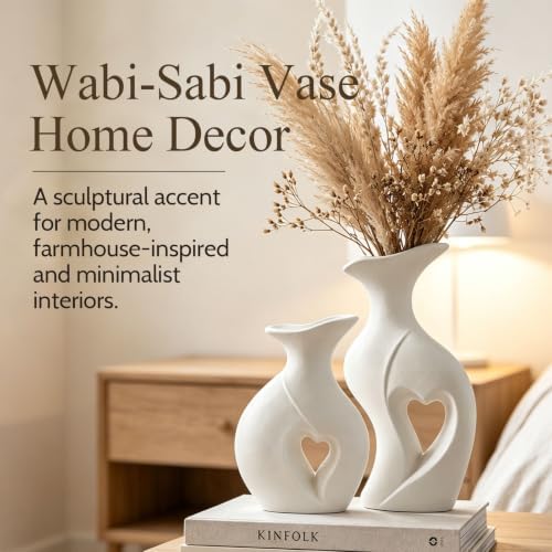 Heart Shaped Flower Vase Set Wabi Sabi Boho Ceramic Vases (White) | Coffee Table Vase, Couples Wedding Gifts, Decorative Vases, Home Decor Vase for Pottery Engagement Living Room Dining Shelf