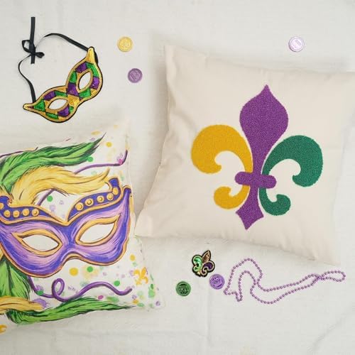 GEEORY Mardi Gras Cotton Embroidered Fleur de Lis Pillow Cover 18x18 Inch, Mardi Gras Decorations Farmhouse Home Decor Canvas Cushion Case for Living Room, Sofa & Bed GX018-1-18