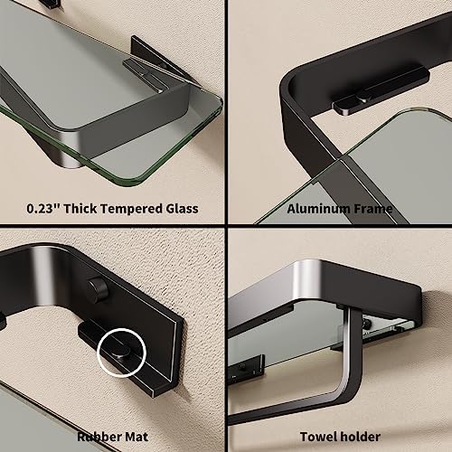 Danpoo 16 Inch Long Floating Bathroom Shelf with Towel Bar, Clear Tempered Glass Wall Shelf with Hand Towel Holder for Bathroom Storage Organizer, Matte Black