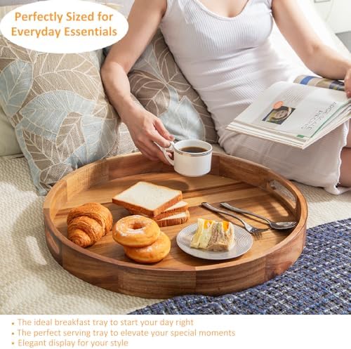 Wooden Serving Tray with Handles 22 Inch Extra Large Round Ottoman Tray Acacia Large Wood Trays for Ottoman Coffee Table Tray Decorative Trays for Living Room Wooden Trays for Food