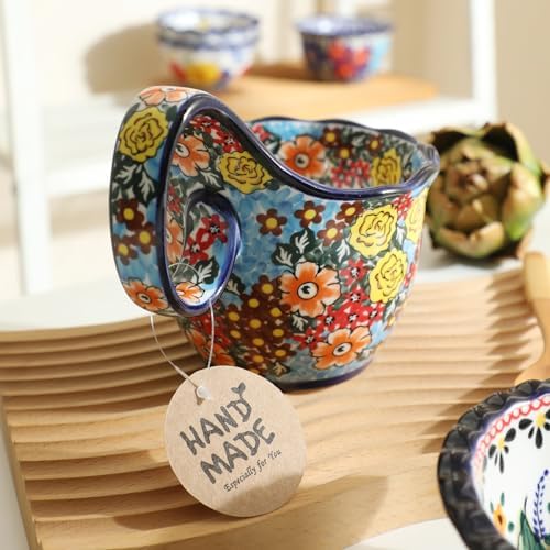 ALMA Handpainted Blue Floral Soup Bowl with Handle, 16oz Loop Handle Bowl