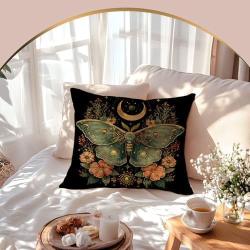 Mystical Luna Moth Pillow Cover 18x18 Double-Sided, Witchy Gothic Celestial Dark Floral Green Butterfly Decorative Throw Pillow Cover for Home Bedroom Living Room