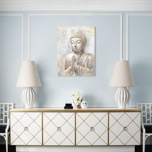 Gold Buddha Wall Art: Laughing Buddha Painting with Mandala Flower and Gold Leaf for Living Room, Bedroom, Yoga Room, Buddhist Meditation Room - 24"x32"
