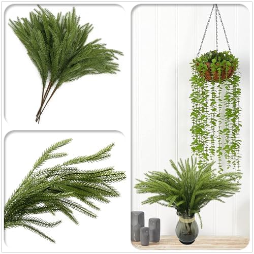 Artificial Norfolk Pine Branches Fake Greenery Realistic Plant Stems 18 Inch, Faux Pine Picks Real Touch Plastic Shrubs for Home Decor Vase Filler Indoor Outdoor Wreath DIY Christmas Decoration 4 Pack