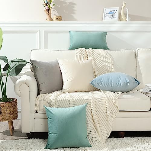 Stellhome Soft Velvet Throw Pillow Covers Square Decorative Cushion Covers for Spring Sofa Bedroom Bench, 18 x 18 inch (45 x 45 cm), Sage Green, Pack of 2