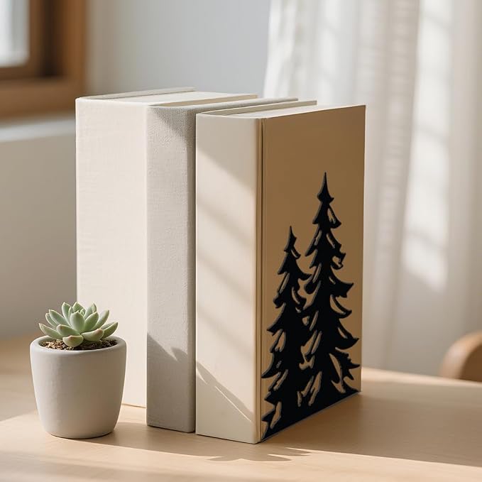 WADORN 1 Pair Pine Tree Metal Decorative Bookend for Shelves, Heavy Duty Book Ends Modern Non-Skid Books Holder Stand Black Book Support Stoppers for Desk Bookshelf Office Home, 5.3x4.3x7.9 Inches