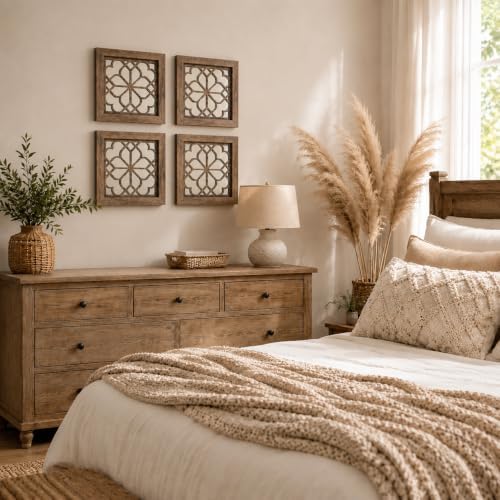 Set of 4 Boho Wall Mirrors with Carved Floral Design, 12x12 Inch Rustic Farmhouse Accent Mirrors, Vintage Style Shatterproof Square Mirror Decor for Living Room, Bedroom,Maroon