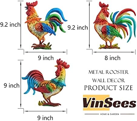VinSees Metal Rooster Wall Art Decor, Chicken Gifts for Women, Mom, Grandma, Wife; 3D Rooster Wall Sculpture Set of 3 for Kitchen