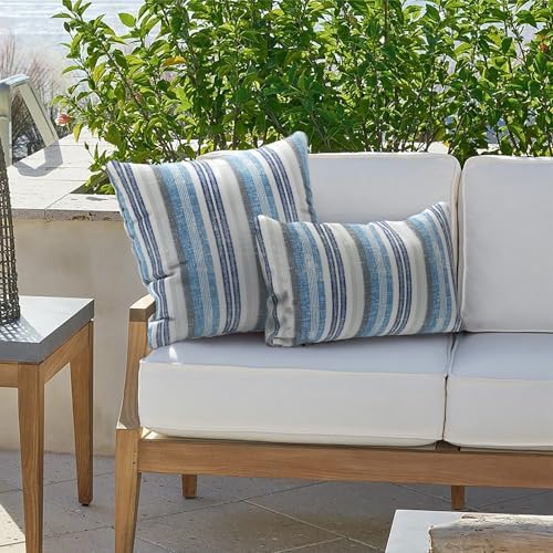 Outdoor Lumbar Pillow Covers 12”x20”, Rectangle Throw Pillow Covers for Patio Furniture, Decorative Lumbar Cushion Case for Garden Balcony Couch Office Chair, Pack of 2, Stripe Layered Blue